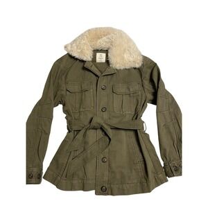 We The Free Women's Olive Belted Fur Trim Collared Mid-Length Jacket Size XS